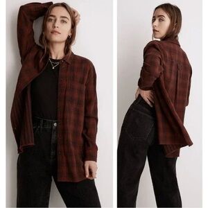 Madewell Oversized Flannel Button-Down Shirt in Burnished Mahogany Red Plaid, XL